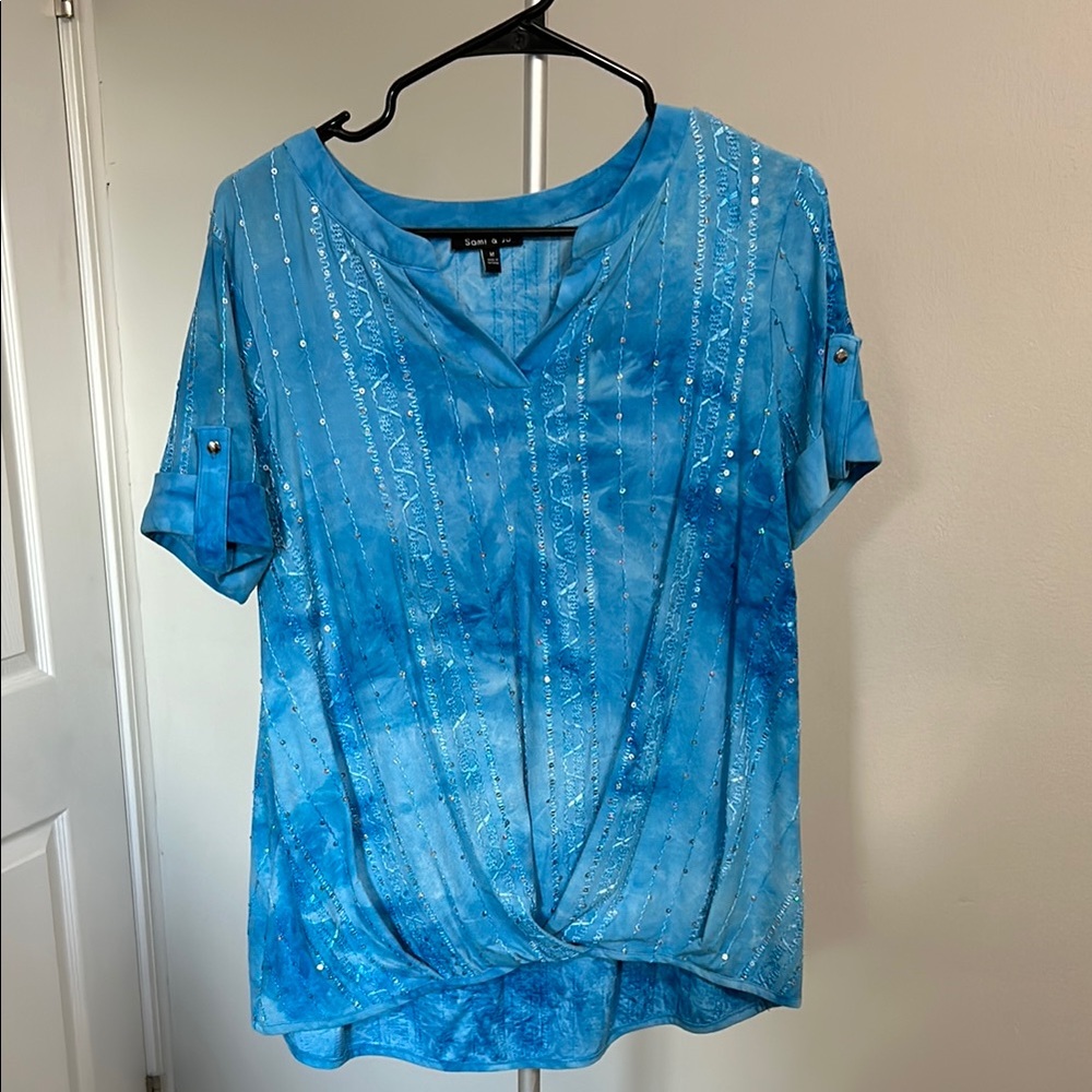 Sami & Jo Blue Relaxed Embellished Tie Front Blouse